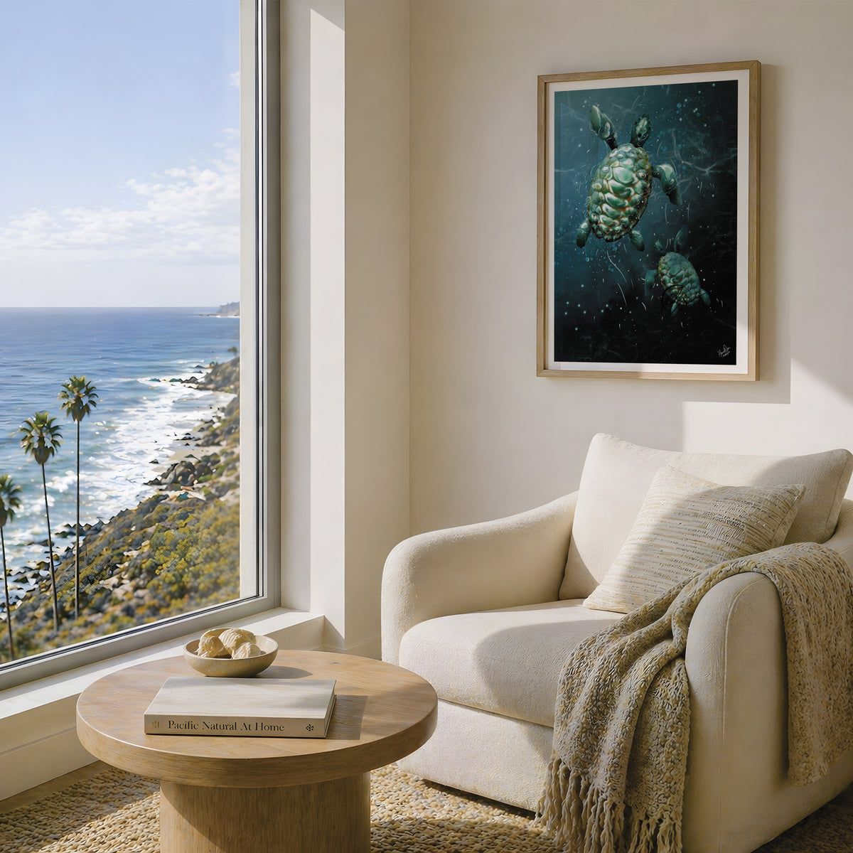 A framed vertical art print depicting an underwater scene with sea turtles, displayed on a beige wall in a modern living room with a window overlooking the ocean. designed and created using a 6B digital pencil with professional artist software, layering details and textures to create this piece with meticulous detail. Ariel view of sea turtles breaching the surface. Designed by HLSdesigner 
