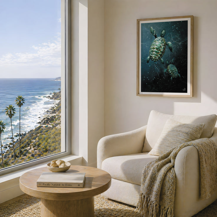 A framed vertical art print depicting an underwater scene with sea turtles, displayed on a beige wall in a modern living room with a window overlooking the ocean. designed and created using a 6B digital pencil with professional artist software, layering details and textures to create this piece with meticulous detail. Ariel view of sea turtles breaching the surface. Designed by HLSdesigner 
