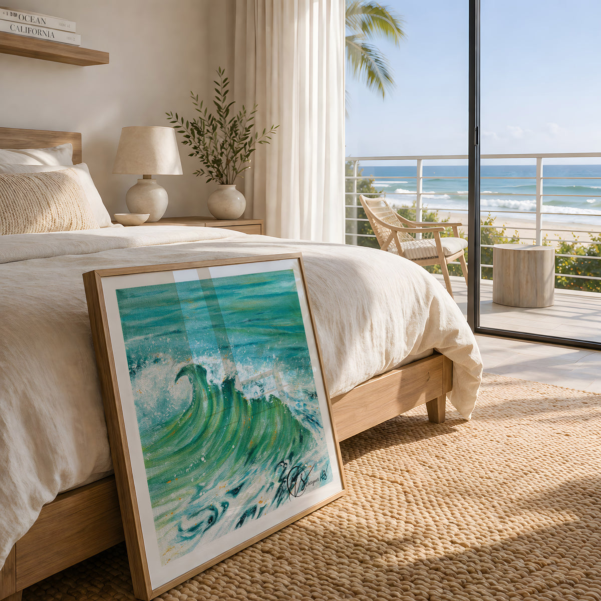 A fine art print framed of AQUA - a representation of a green hue within a wave crashing to the shoreline on a summers day, seafoam collecting in the shallows and abstract waves behind. Designed by Hannah Singleton at HLSdesigner, Cornwall based fine artist. Inspired by the coastal viewpoints and ocean theme. Displayed leaning against a bed of clean white linen with a coastal beach house appeal and a balcony in the background. Images are not to scale, Print sizes vary.