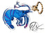 Blue king shrimp close up keychain with a gold seashell ring on a white background with the HLSdesigner logo in the corner, showing the detail in the drawing and the shading around the body of the shrimp, detailed with bright vivid pink accents on the claws and antenna 