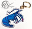 Blue king shrimp illustration designed by HLSdesigner featuring pink dotted shading techniques and blue hues throughout the drawing, printed onto clear shaped acrylic and finished with a metal gold seashell clasp and the HLSdesigner logo 