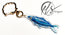 watercolour inspired sardine illustration with blues and greens throughout and a bold orange fish eye. Finished in clear acrylic and shaped to the fish with a metal seashell shaped keychain clasp for ocean decoration, image taken on a white background with the HLSdesigner logo in the corner, coastal inspired art and home décor 