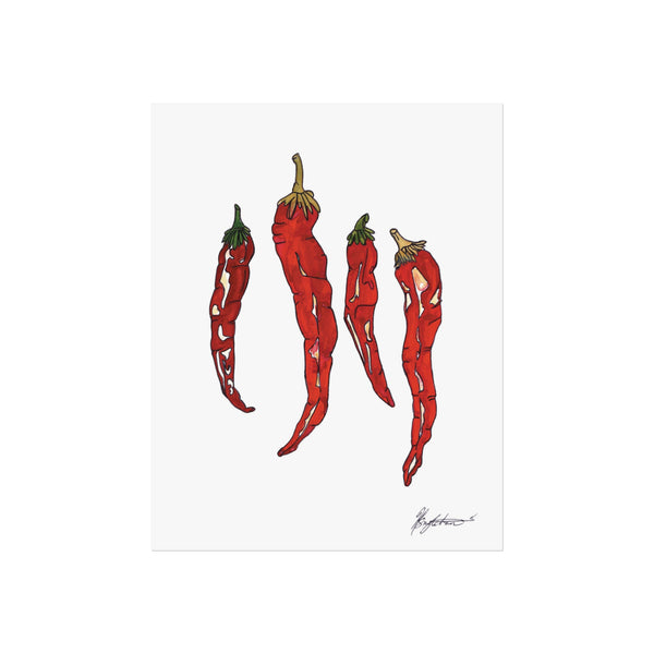 Illustration of red chili peppers on a white background,  bring the heat into your home with the red peppers, a fun take on still life food representations. fun illustration inspired by chef food prep. perfect for kitchen and diner décor. 