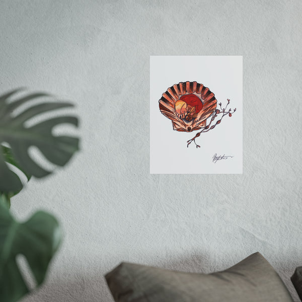 Art print of a red shell with a heart inside on a white background, leaning against a light gray wall.