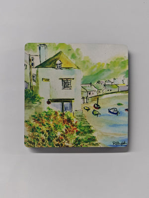 A square wooden fridge magnet with a high gloss coating - featuring a watercolour study of the old watch house in Cornwall, a historic Cornish building popular with travellers and locals. Painted using watercolour in soft yellows and greens showcasing the boats in the distance and the pathway up to the watch house. Painted by R Singleton and reproduced as tribute exclusively by HLSdesigner