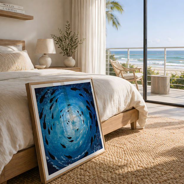 A framed square art print leaning against a bed in a bright beach-view bedroom. The artwork shows a swirling blue underwater scene with black fish. Fish shoal 2 - image not to scale - showcasing the fine art print by HLSdesigner, Cornwall based artist Hannah Singleton. 