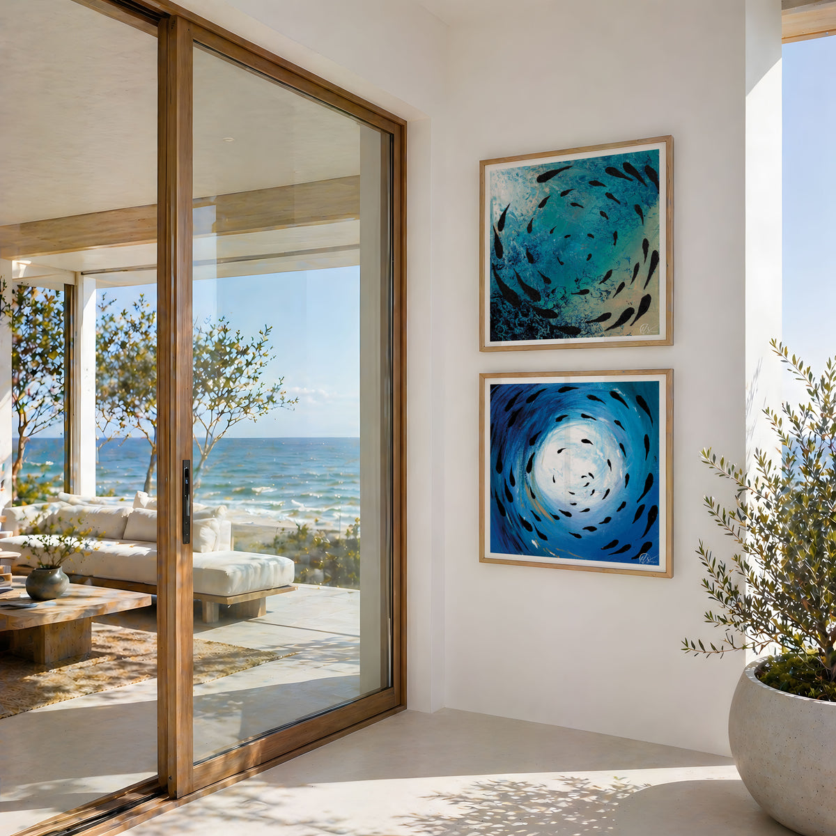 Fish shoal 4 and 5 depicted in this coastal themed home image. Images show the prints are not to scale but showcase the beautiful colours in the abstract contemporary artwork that is from HLSdesigner, Hannah Singleton designed in Cornwall. Fine artist inspired by the ocean and underwater coastal viewpoints. These are a seres of 12 fish shoal paintings in many colour hues representing light reflecting through the ocean