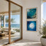 Fish shoal 4 and 5 depicted in this coastal themed home image. Images show the prints are not to scale but showcase the beautiful colours in the abstract contemporary artwork that is from HLSdesigner, Hannah Singleton designed in Cornwall. Fine artist inspired by the ocean and underwater coastal viewpoints. These are a seres of 12 fish shoal paintings in many colour hues representing light reflecting through the ocean