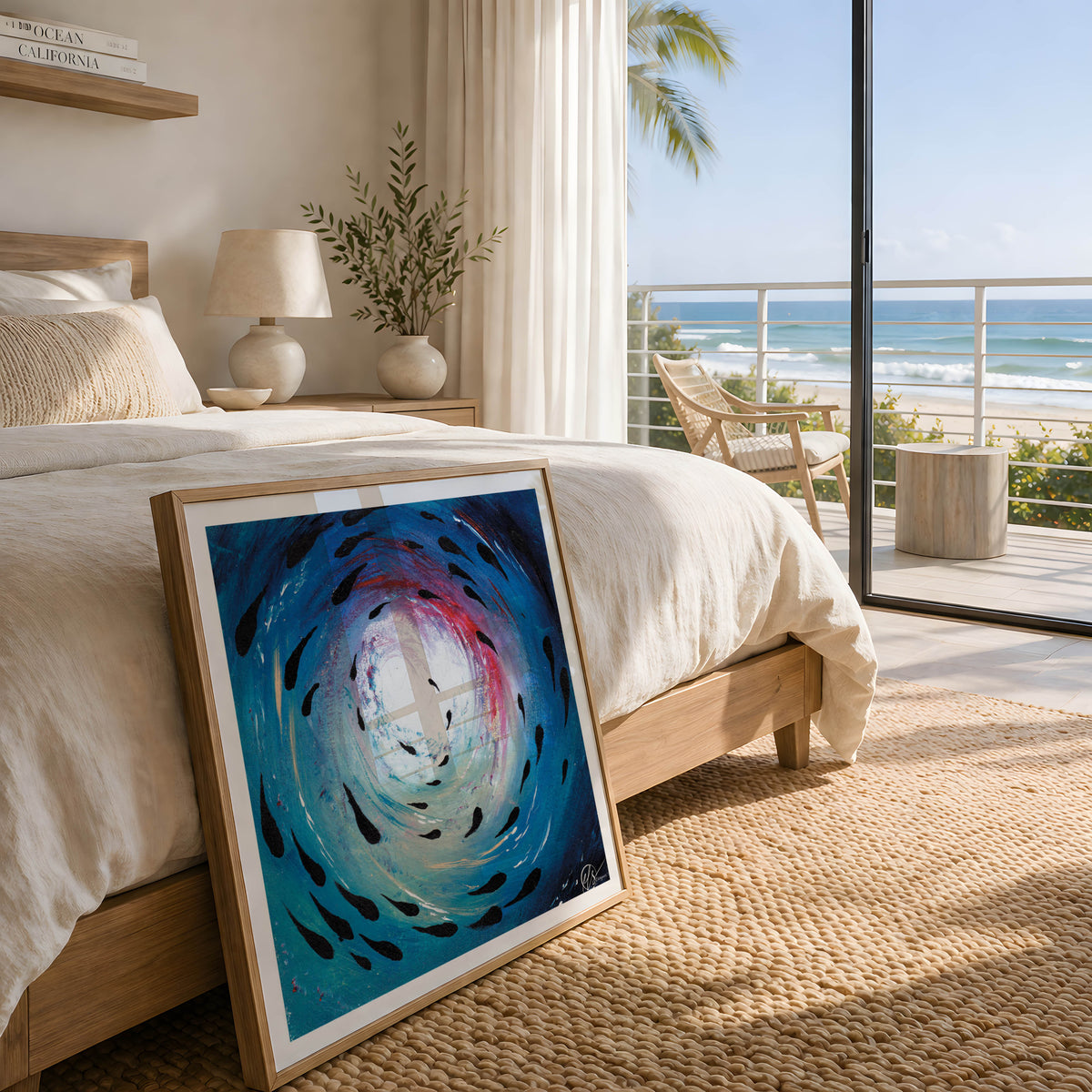 A framed abstract painting leaning against a bed in a bright, modern bedroom. The artwork features a swirling blue and white vortex with black fish-like shapes and soft pink accents. Abstract artwork with swirling blue, red and white design depicting a deep vortex under ocean with black fish style shapes swimming under the ocean surface with white and gold highlights made by hlsdesigner displayed on a white background Designed by HLSdesigner Hannah Singleton 
