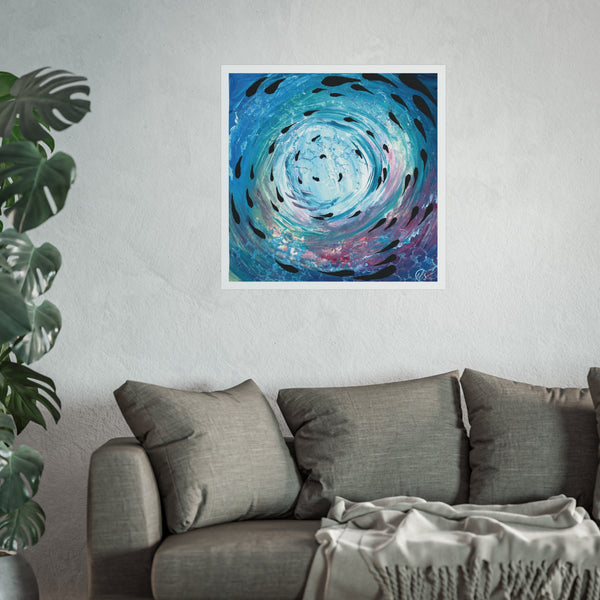 Abstract artwork of a swirling blue and pink design with purple and textured art fractals around the painting with black shoal of fish surrounding the image displayed on a white wall above a grey sofa. by HLSdesigner 