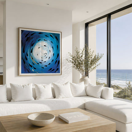 A framed abstract blue and white swirl painting hangs on a white wall above a modern white sectional sofa in a bright coastal living room with large windows overlooking the ocean. Fish shoal 5 - not to scale - fish swimming around under the ocean as the sun reflects through the surface, painted in an abstract form. designed by Hannah singleton at HLSdesigner, ocean inspired cornwall based artist 