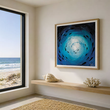 Image of a reception area with decorative shells on a shelf and a painting framed hanging above it, this is fish shoal 7, a depiction of fish shoaling through the ocean in an abstract form. To the left is a beach view through a patio window creating a beach house themed look. Print not to scale. Image for display only. Designed by Hannah Singleton, HLSdesigner, Coastal ocean inspired Cornwall artist