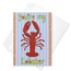 you're my lobster greetings card featuring HLSdesigner illustrations on a red and orange lobster with adorable loving eyes, green bubble text with heart centres and a blue and pale pink striped background with an orange tassel effect on each side, ocean inspired pun greetings cards designed and made by HLSdesigner