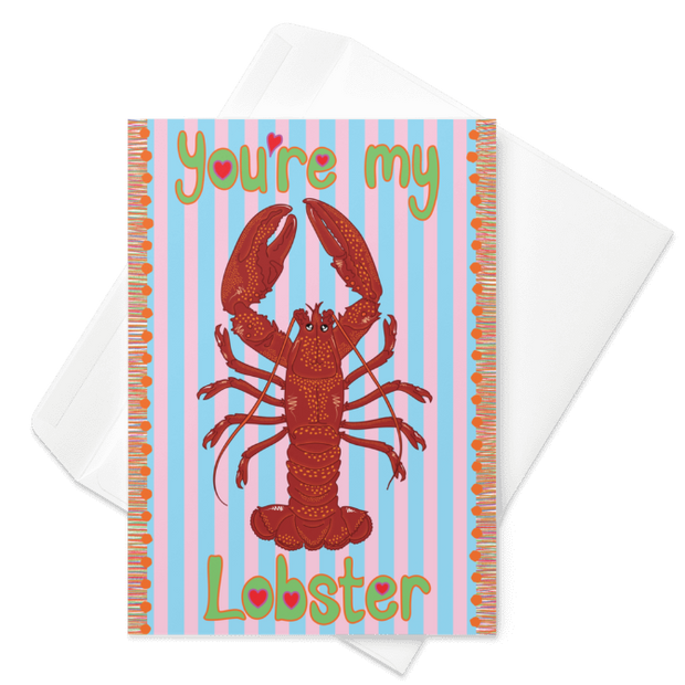 you're my lobster greetings card featuring HLSdesigner illustrations on a red and orange lobster with adorable loving eyes, green bubble text with heart centres and a blue and pale pink striped background with an orange tassel effect on each side, ocean inspired pun greetings cards designed and made by HLSdesigner