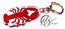 Red lobster-shaped keychain with a clear background, close up photo showing the depth of the acrylic keychain. clear acrylic with a red and orange lobster illustration finished with a gold metal seashell clasp with the HLSdesigner logo 