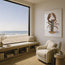 A framed lobster art print hangs on a beige wall in a bright, modern beach-view room with a window seat, cream armchair, and ocean view. Lobster fine art print features a beautiful range of oranges, blues, blacks and shading to create a 3d realistic lobster in its raw natural form. size not to scale, please see sizing for measurements of available prints. designed by Hannah at HLSdesigner in Cornwall