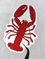 beautifully illustrated lobster die cut sticker by HLSdesigner with bright orange dots and shading, held by tweezers on a white background