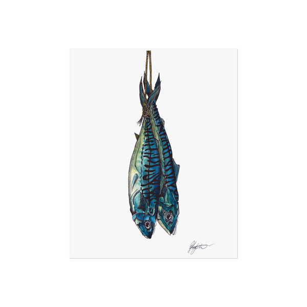 Decorative fish mackerel illustration art print of two mackerel fish strung after freshly caught, food prep inspired seafood art
