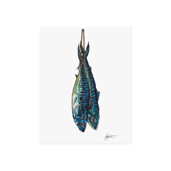 Two fish hanging on a hook with a white background illustration, mackerel fish strung after freshly caught, food prep inspired seafood art HLSdesigner