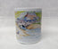 A white ceramic mug featuring a colourful watercolour illustration of a coastal building and beach scene, set against a light grey textured background. Mawgan Porth beach watercolour painting by R Singleton reproduced onto ceramic mugs and accessories in tribute by his daughter, HLSdesigner with exclusive rights. 