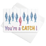 nautical sardine catch of the day greetings card, reading 'you're a catch' with blue sardines surround a pink sardine, hand illustrated by HLSdesigner and made in house