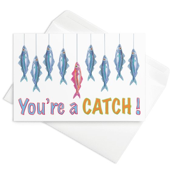 nautical sardine catch of the day greetings card, reading 'you're a catch' with blue sardines surround a pink sardine, hand illustrated by HLSdesigner and made in house