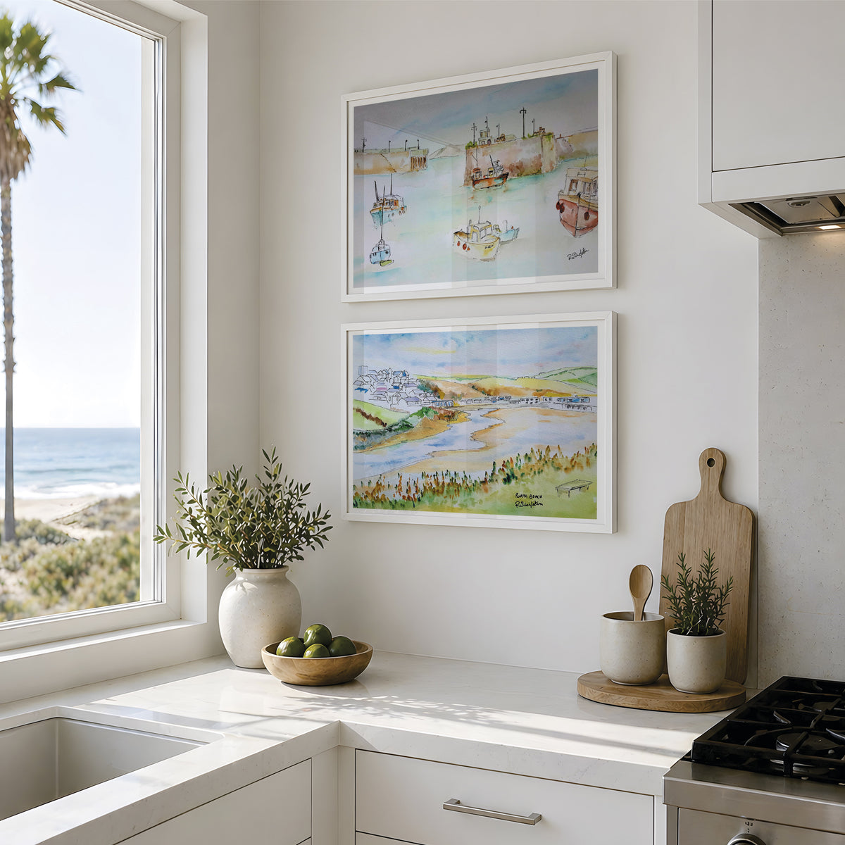 Newquay harbour and Porth beach in Newquay, a beautiful set of prints reproduced by HLSdesigner of original watercolour paintings by Robert Singleton - Contemporary and modern depictions of picturesque destinations of Cornwall. 