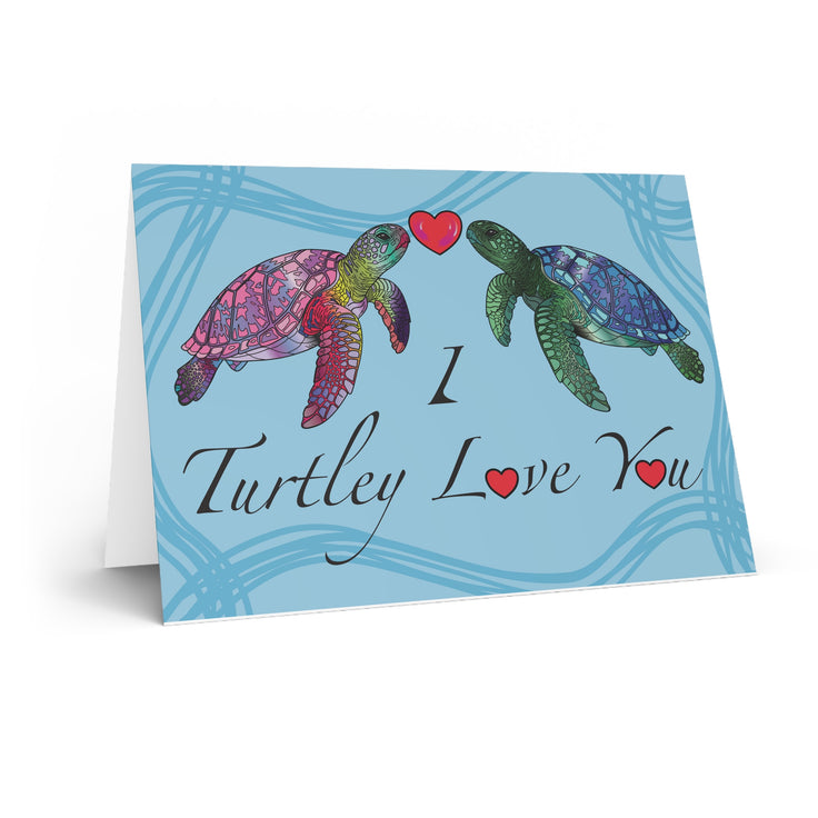 Greeting card with two turtles and 'I Turtley Love You' text on a blue background designed and made by HLSdesigner