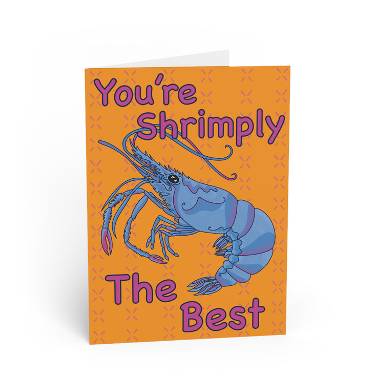 blue shrimp on a orange and pink background reading 'you're shrimply  the best' designed and made by HLSdesigner in house 