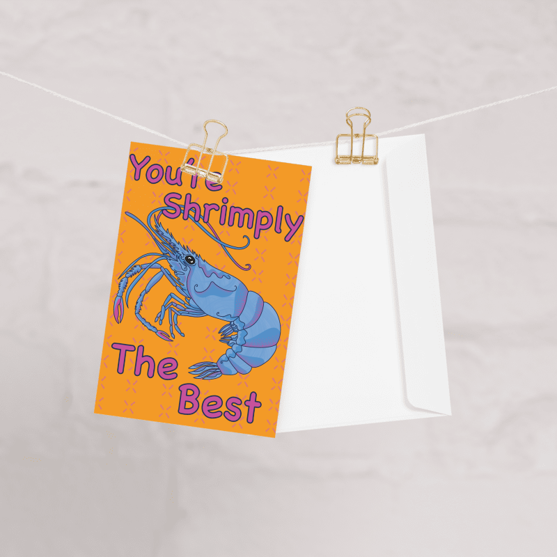 blue shrimp on a orange and pink background reading 'you're shrimply  the best' designed and made by HLSdesigner in house 