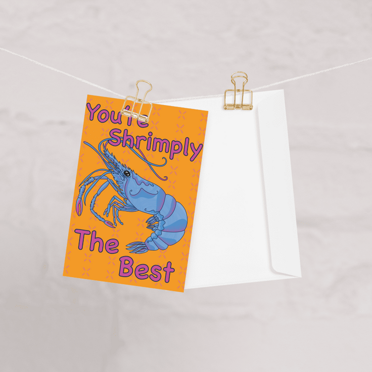 blue shrimp on a orange and pink background reading 'you're shrimply  the best' designed and made by HLSdesigner in house 