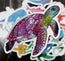 pink sea turtle die cut sticker illustration raised above a variety of other stickers on a black background