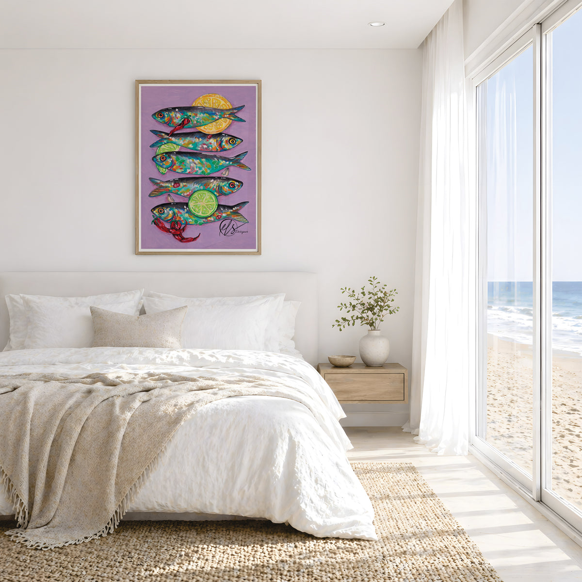 A coastal clean white linen themed bedroom featuring a colourful mackerel print in a top to bottom composition with bright green lime and chillies with lemon slices. This painting is expressionist and textural - fine art print by HLSdesigner inspired by Mediterranean seafood dishes merging with the coast of cornwall. Hannah Singletons new colour series of paintings. This image represents what it would look like in a frame above a bed. Bright colours and coastal energy.