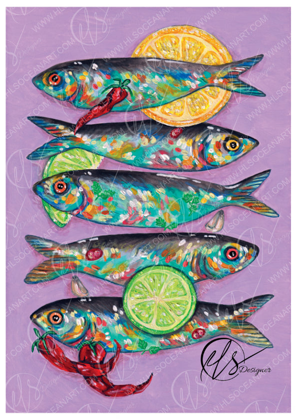 a colourful representation of a platter of mackerel inspired by mediterranean seafood dishes, paired with fresh lashings of lemon, lime and chilli with fresh herbs and garlic on a lilac bold background and detailed in a textured gouache form showcasing brush strokes and expressive styles. Designed and created by HLSdesigner in house in Newquay Cornwall