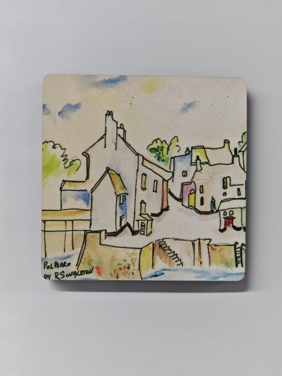 Polperro town in Cornwall - watercolour study by artist R Singleton from Cornwall. using negative space and washes of colour to create expressive and modern artwork of Cornish coastal townscapes and water scenes. reproduced by HLSdesigner into beautiful fridge magnets 