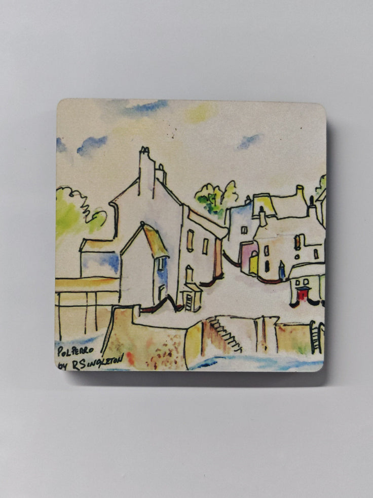 Polperro town in Cornwall - watercolour study by artist R Singleton from Cornwall. using negative space and washes of colour to create expressive and modern artwork of Cornish coastal townscapes and water scenes. reproduced by HLSdesigner into beautiful fridge magnets 