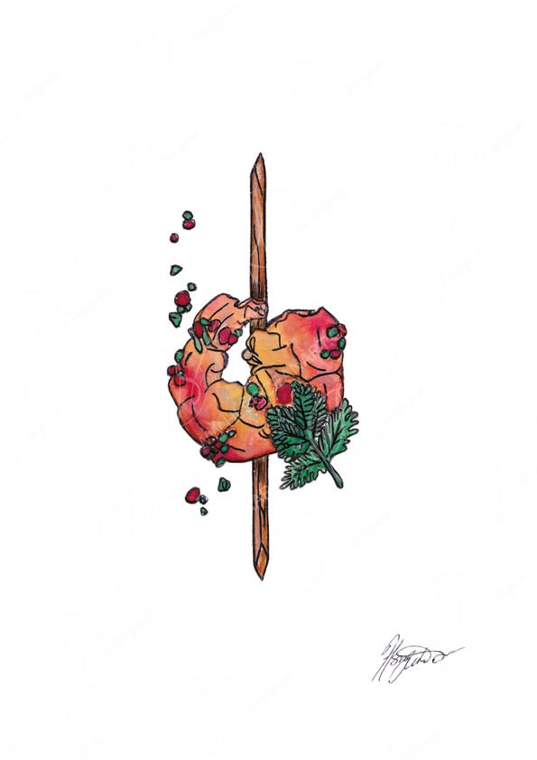 A stylized illustration of a skewered prawn appetizer with red chillies and green leaves of coriander on a white background, signed in the lower right.
A colourful mixed media piece creating a minimalist and modern foodie art print that looks great paired with other versions od the seafood series. Designed and created by HLSdesigner. Hannah Singleton inspired by ocean and coastal forms.