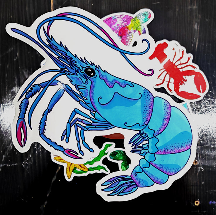 blue king shrimp prawn illustration with pink accents in a sticker form raised over a selection of other ocean illustrated stickers by HLSdesigner
