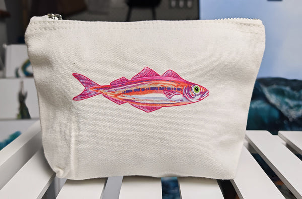 small sardine cosmetic bag printed onto an off white brushed cotton canvas bag with silver zip, this features a pink and orange sardine illustration by hlsdesigner and is pressed in house.