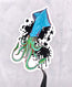 blue and green squid with black ink and black hearts in an ink form surrounding it, illustrated and formed into a die cut vinyl sticker, held with tweezers on a white background