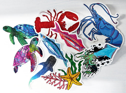 a collection of ocean creature inspired die cut stickers designed by HLSdesigner, choose from lobster, sardine, starfish, turtle, squid, shrimp, whale shark
