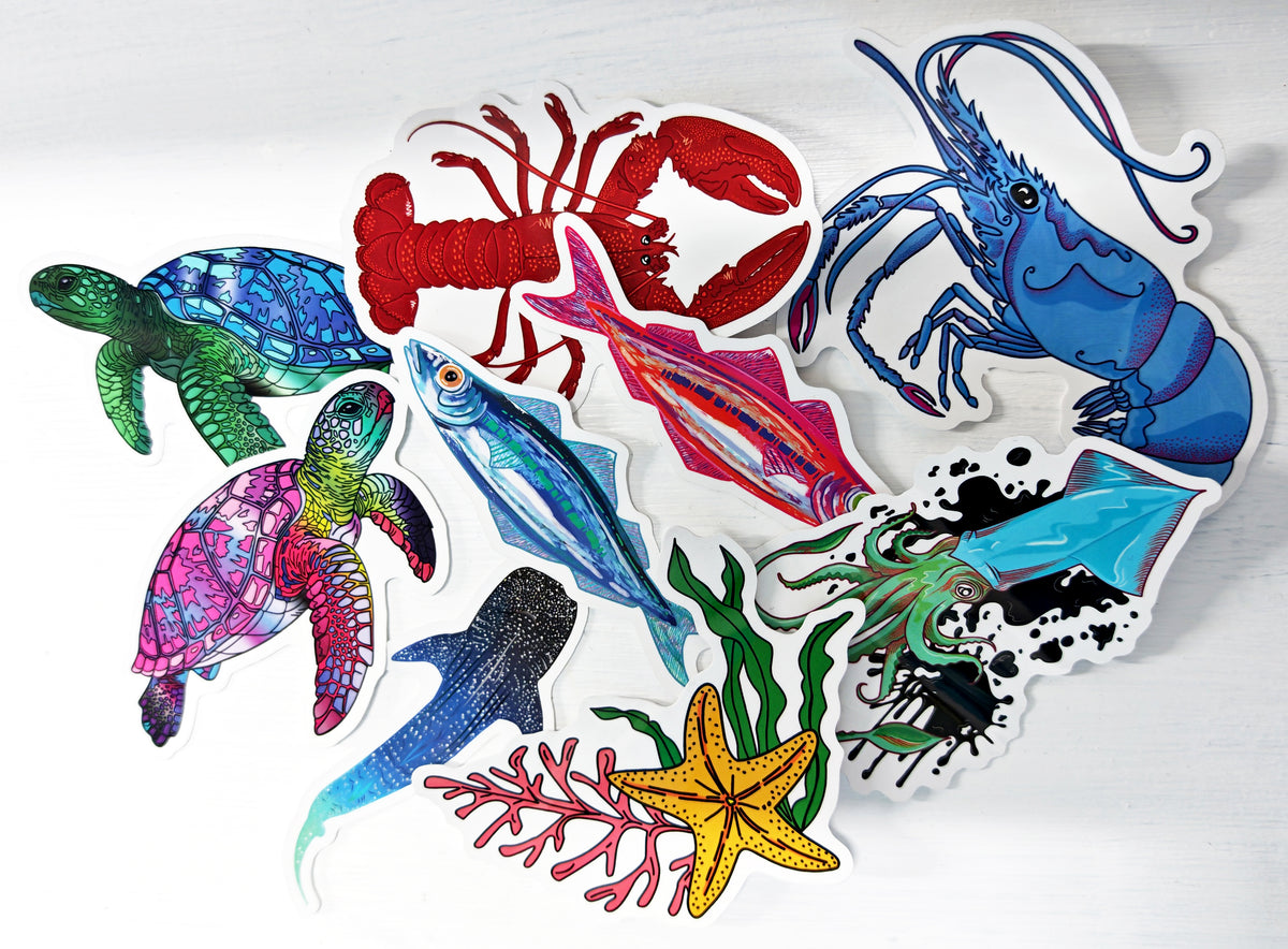 a collection of ocean creature inspired die cut stickers designed by HLSdesigner, choose from lobster, sardine, starfish, turtle, squid, shrimp, whale shark