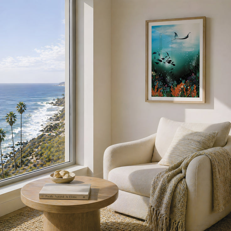 A framed vertical art print depicting an underwater ocean reef scene featuring a fish shoal and a manta ray above a vibrant coral reef, hung on a beige wall in a modern living room next to a large window overlooking the ocean. Designed by HLSdesigner, Hannah singleton ocean inspired artist in cornwall 