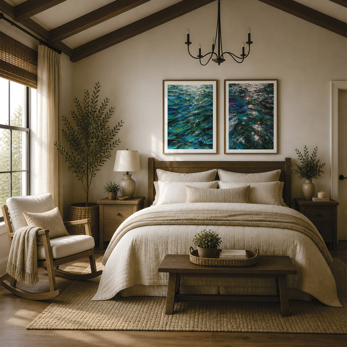 A styled bedroom interior with a bed dressed in cream bedding, two framed abstract blue-green wall art prints above the headboard, a wooden rocking chair by a window, bedside tables with lamps, and a bench at the foot of the bed. These fine art prints feature tranquil hues and moonlit waters, two reproductions of original acrylic paintings by Hannah Singleton, a fine artist based in Cornwall inspired by close up focal points of reflections on water and the ocean surface. Exclusive to HLSdesigner