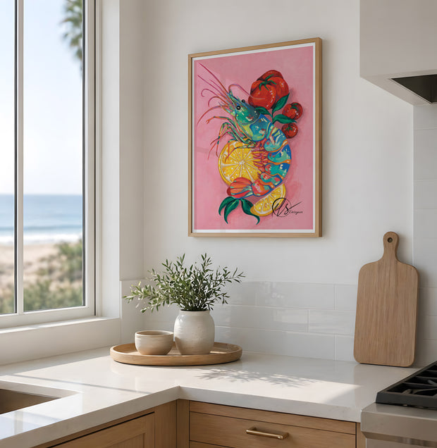 A beautiful representation of a prawn lay among tomatoes and lemon on a bright pink background, painted and designed by Hannah Singleton at HLSdesigner. This image shows a framed print displayed in a coastal white and wooden kitchen area for reference only, the image does not show actual print sizes. Fine art prints made in Cornwall, Cornish art coastal by HLS  DESIGNER