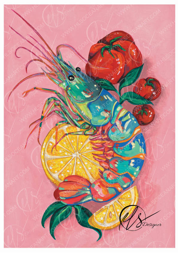 colourful prawn seafood art print by HLSdesigner inspired by Mediterranean dishes that are also found around Cornwall and the Cornish coast. A vibrant take on a fun and captivating composition. Featuring a blue and green prawn paired with tomatoes and lemons with basil leaves for garnish on a pink gouache washed background. Designed, painted and created in house at HLSdesigner in Newquay Cornwall