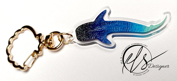 Whale Shark-shaped keychain with gold clasp on a white background, featuring the 'HLS Designer' logo. Coastal inspired art and home decor