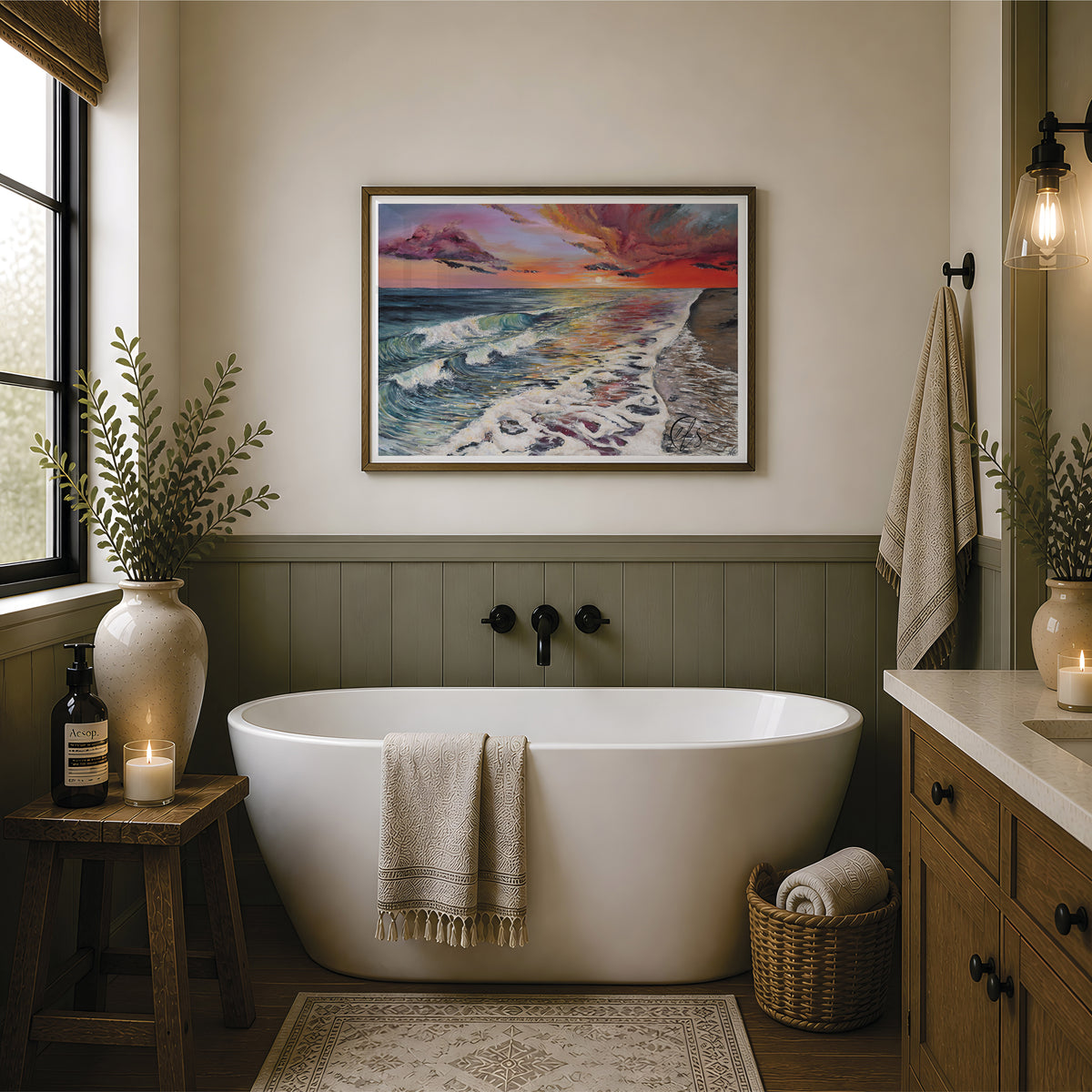 A framed seascape painting of a dramatic ocean sunset, red lingers in the sky whilst the orange and yellow reflections dance through the ocean surface as waves roll into the shore. The painting hangs on a beige wall above a white freestanding bathtub in a styled bathroom with green wainscoting, a wooden stool, candles, and towels. A mock up of what this could look like in your home. Originally painted by Hannah Singleton at HLSdesigner, ocean artist based in Cornwall and now available as prints.