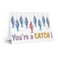 nautical sardine catch of the day greetings card, reading 'you're a catch' with blue sardines surround a pink sardine, hand illustrated by HLSdesigner and made in house