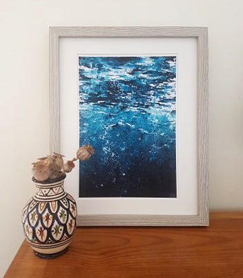 cool blue abstract art print, under ocean art, under the sea, diving, surf art, abstract home decor art by HLSdesigner